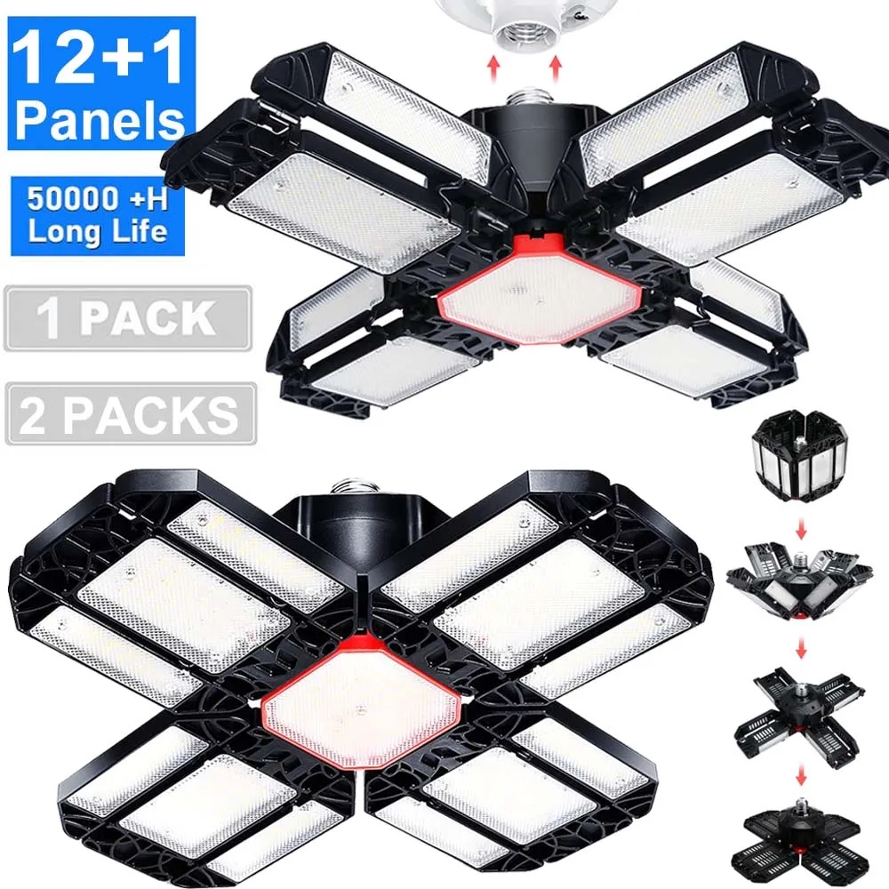 6500K LED Garage Shop Lights Lamp 12 Adjustable Panels E26/E27 Bulb Daylight for Workshop Warehouse Room Night Ceiling Lighting