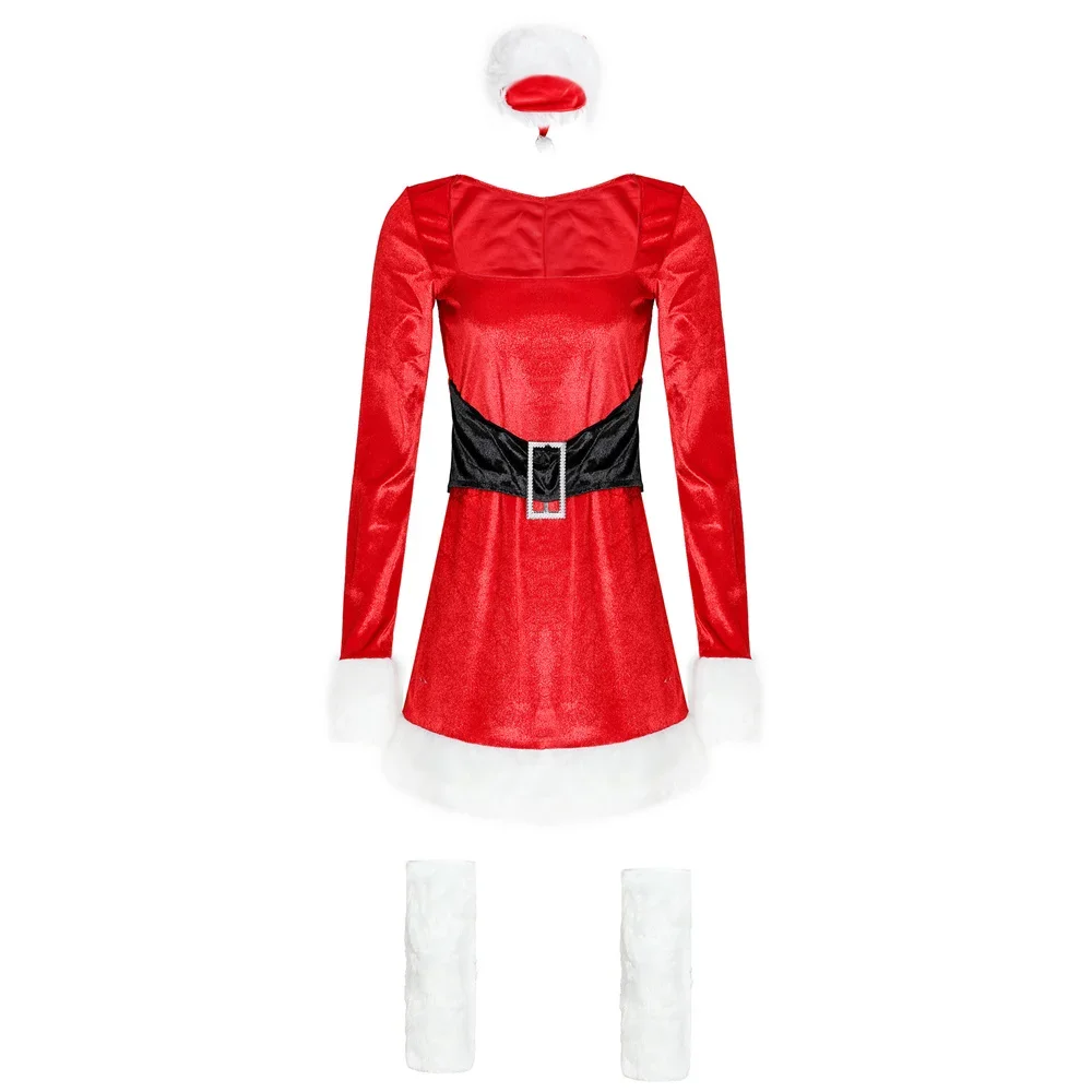 3Pcs donne Sexy manica lunga velluto rosso babbo natale Mini abito Costume di natale Cosplay Xmas Party Suit