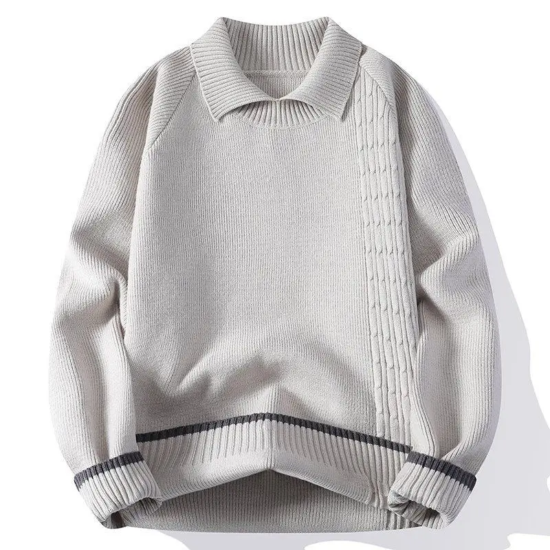 

Осень-зима, мужской вязаный свитер высокого качества, однотонный вязаный пуловер с отложным воротником, мужские модные умные повседневные теплые топы