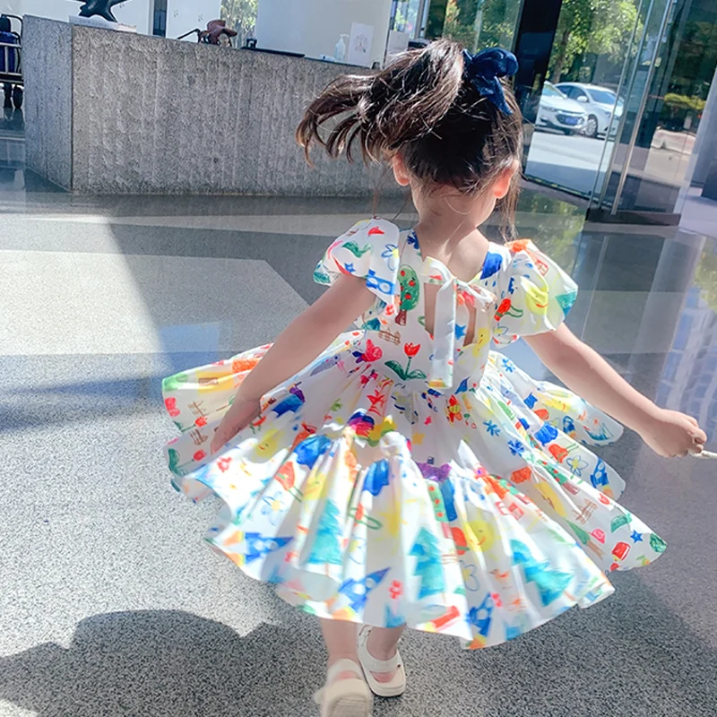 Summer Baby Girls Dresses Colorful Flower Bow Puff Sleeve Mesh Skirt Party Wedding Infant Girl 1st Birthday Princess Dress 1-7Y