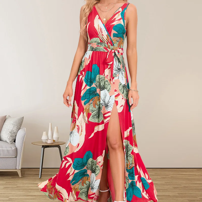 2025 feminino com decote em v sem mangas fenda impresso longo suspender vestido verão moda casual impresso cintura cinching vestido para mulher