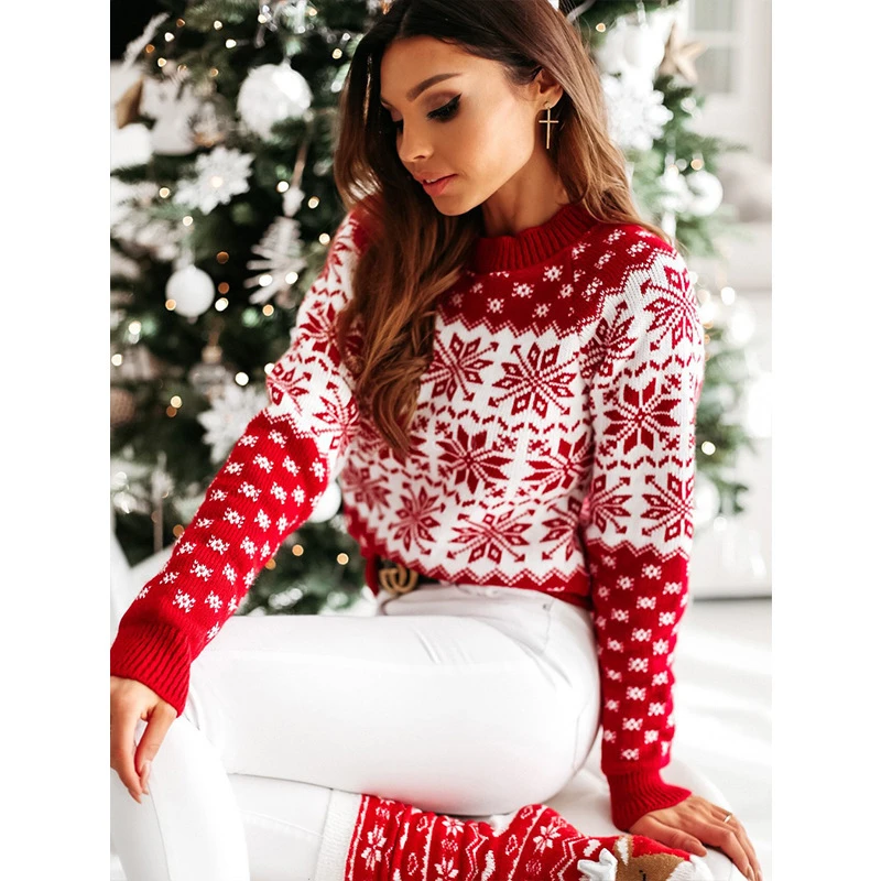 Women Sweater Christmas Snowflake Knitted Long Sleeve O Neck Ladies Jumper Fashion Casual Winter Autumn Printed Pullover Clothes