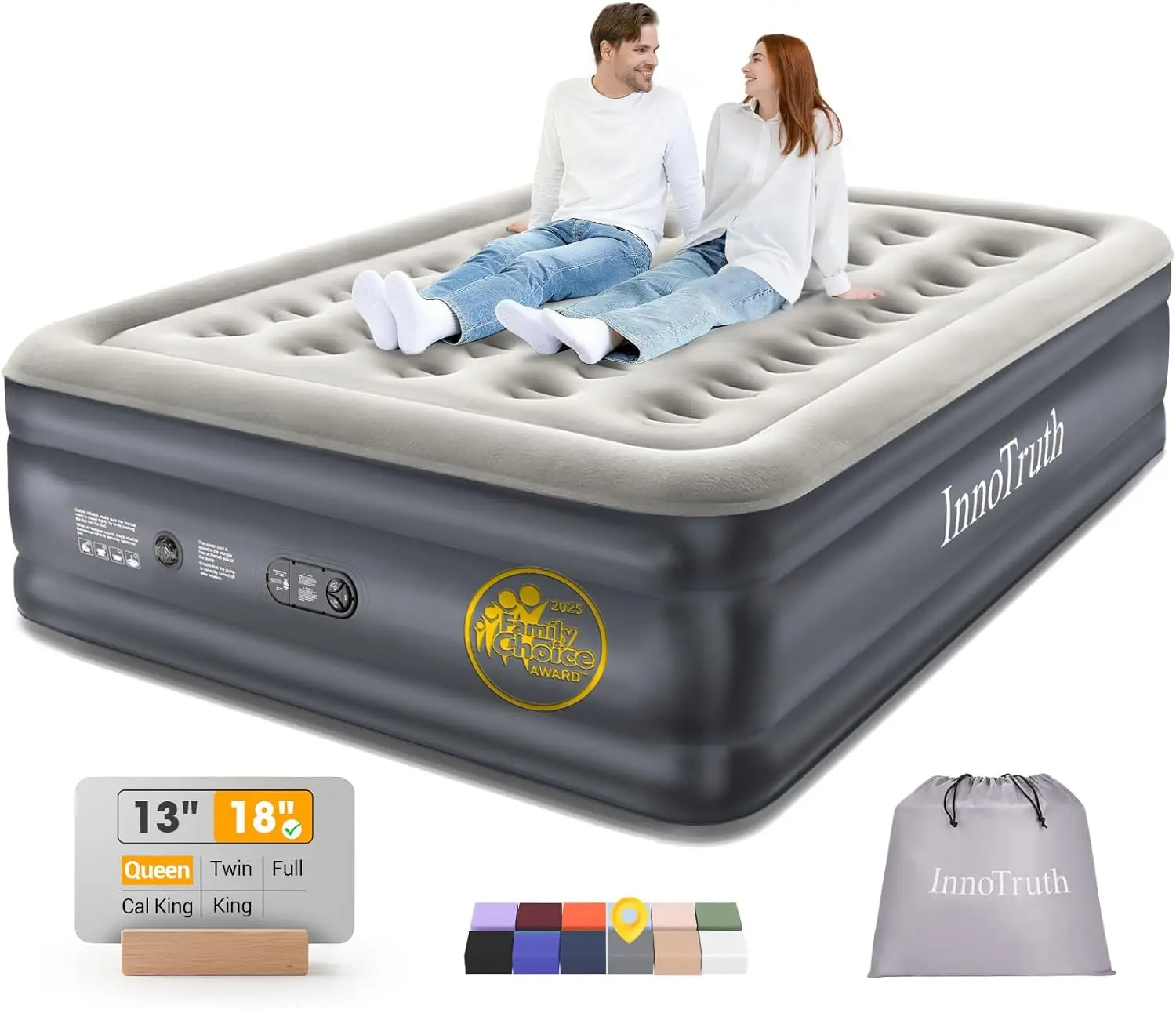 

Queen Air Mattress with Built-in Pump, Inflatable Bed for Guests and Camping, Supports 650lbs, Foldable Design
