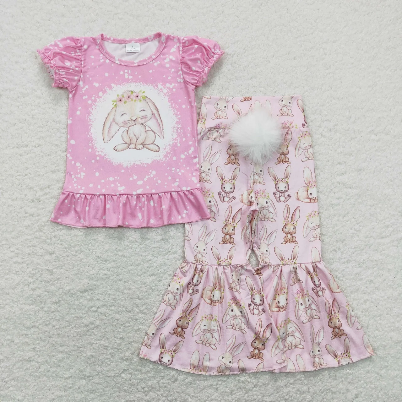 

Wholesale Children Easter Sets Pink Short Sleeves Shirt Tops Baby Girl Rabbits Floral Bell Bottom Pants Toddler Kids Outfit