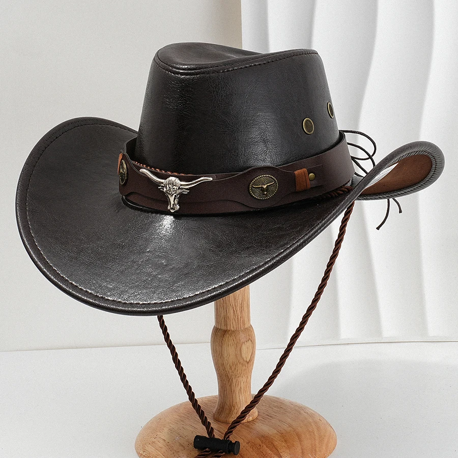 Unisex Vintage Faux Leather Western Cowboy Hat Outdoor Gentleman Cowgirl Jazz Cap Sombrero Hombre