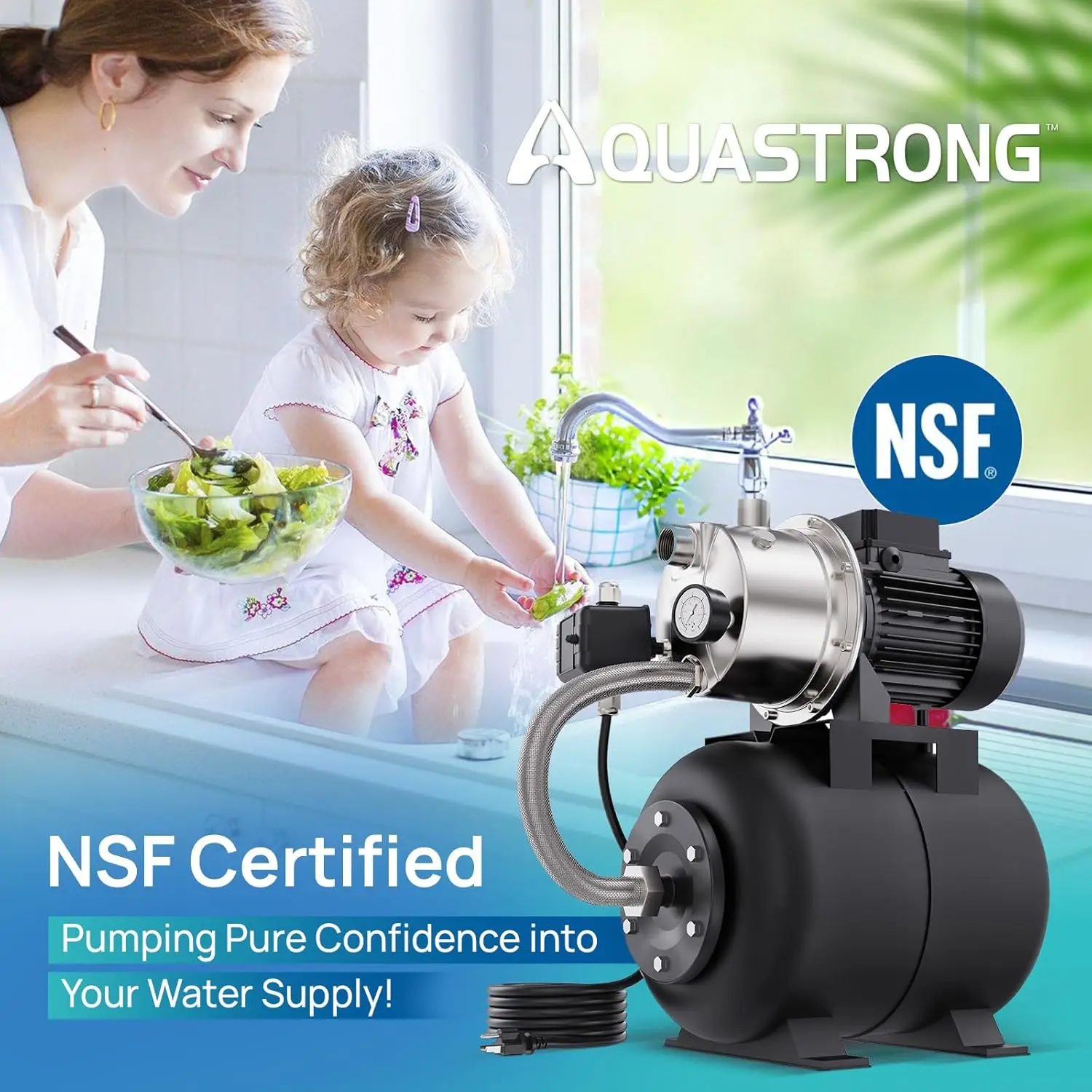 Pressure Tank, NSF Certified, 1320 GPH, 115V, Stainless Steel Irrigation Pump, Automati