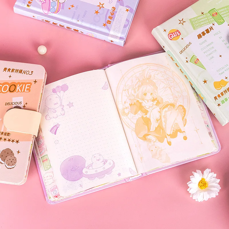 256 Pages Kawaii Student Notepad,Cartoon Color Page Illustration Magnetic Buttin Soft School Office Small Notebook