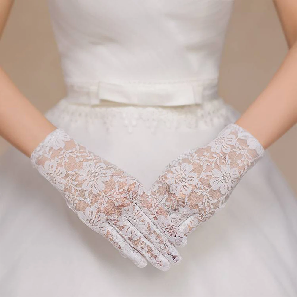 Guantes de encaje Floral para mujer, accesorios de boda, manoplas cortas con dedos completos, longitud de muñeca, 2022