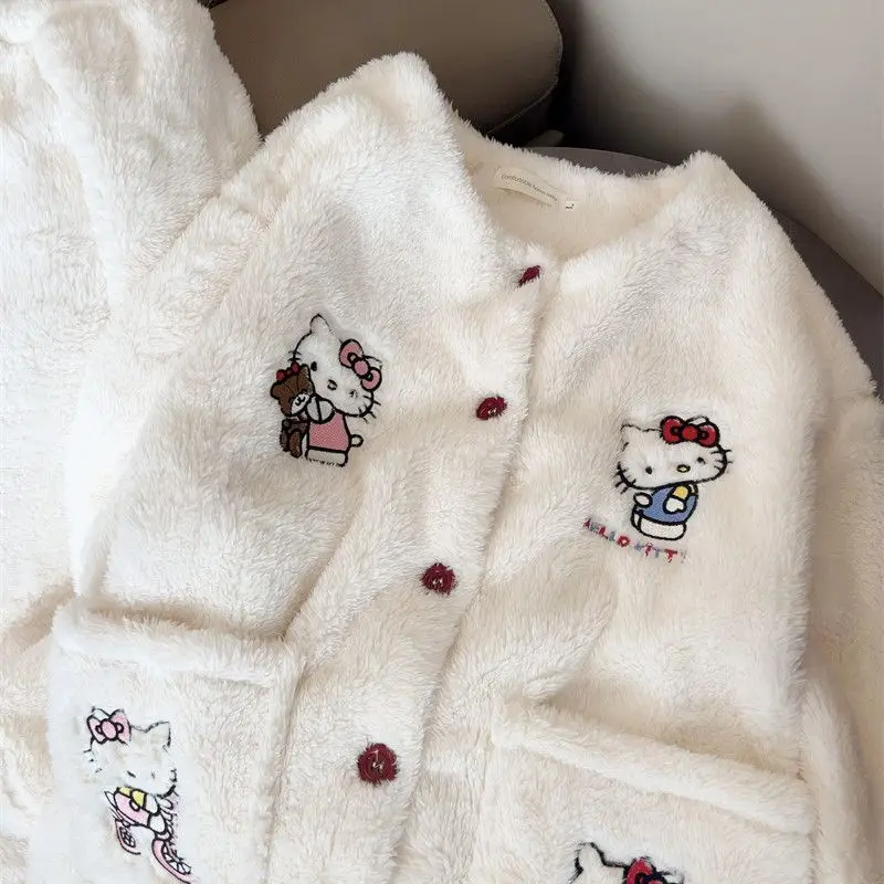 Hello Kitty tekenfilm cartoon schattige fleece gevoerde warme pyjama creatieve kawaii dikke loungewear-set met lange mouwen voor meisjes