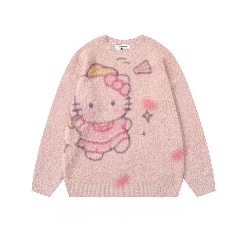 Sanrio Hello Kitty Sweet Cute Cartoon Round Neck Sweater Autumn Winter New Loose Casual Pullovers Korean Version Knit Sweater