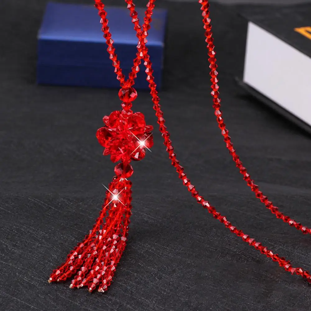 2025 Faux Crystal Necklace Knotted Beaded Long Tassel Shiny All Match Women Long Pendant Sweater Necklace Pendant Necklaces