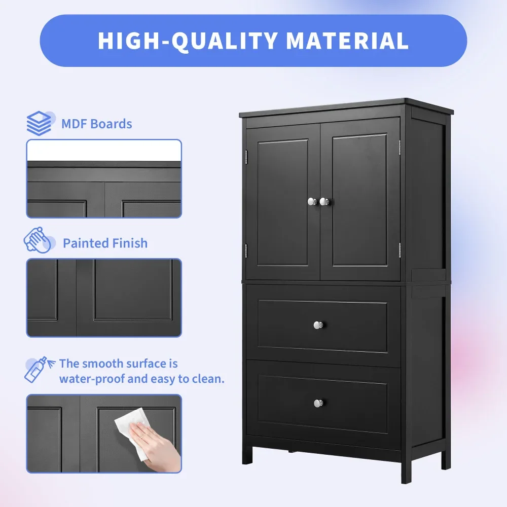 Bathroom Furniture Sets Bathroom Storage Cabinet, Cabinet Two Doors and Drawers, Adjustable Shelf, MDF Board, Black Furniture