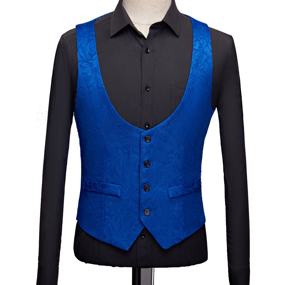 Man Solid Jacquard Sleeveless Waistcoat Men\'s Single-breasted V-neck Business Vest Wedding Party Men Vests Blue Red Black