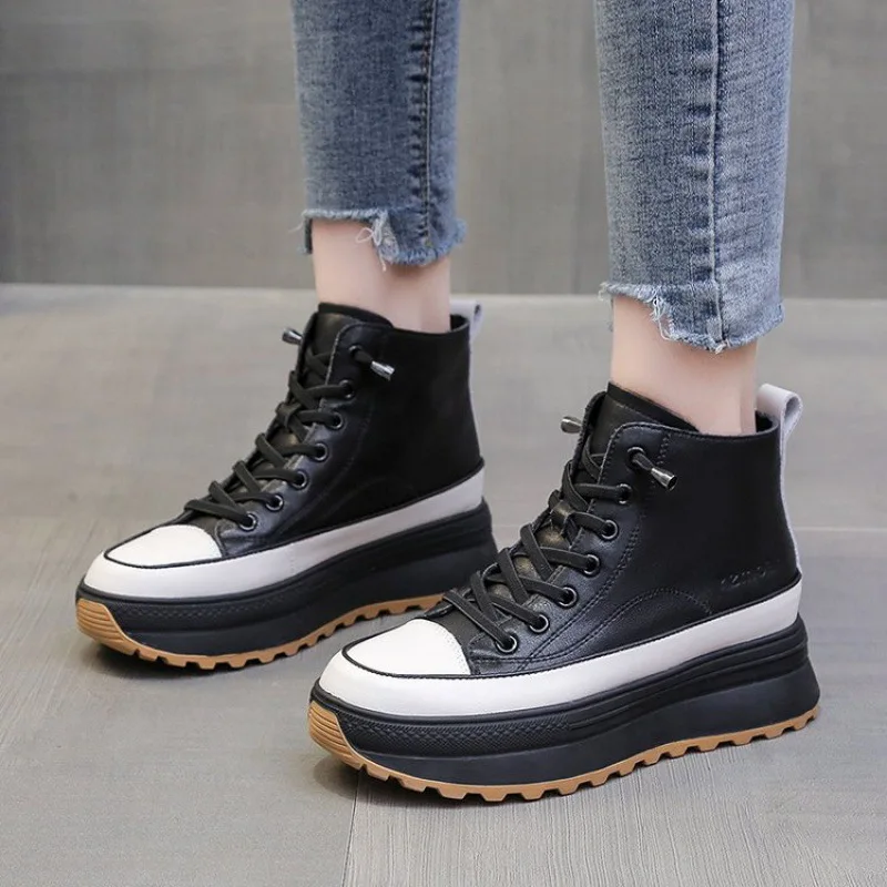 7cm Super High Platform Wedge Sneakers Chunky Shoes Platform for Women Genuine Leather Women Casual Shoes Winter Fur Flats