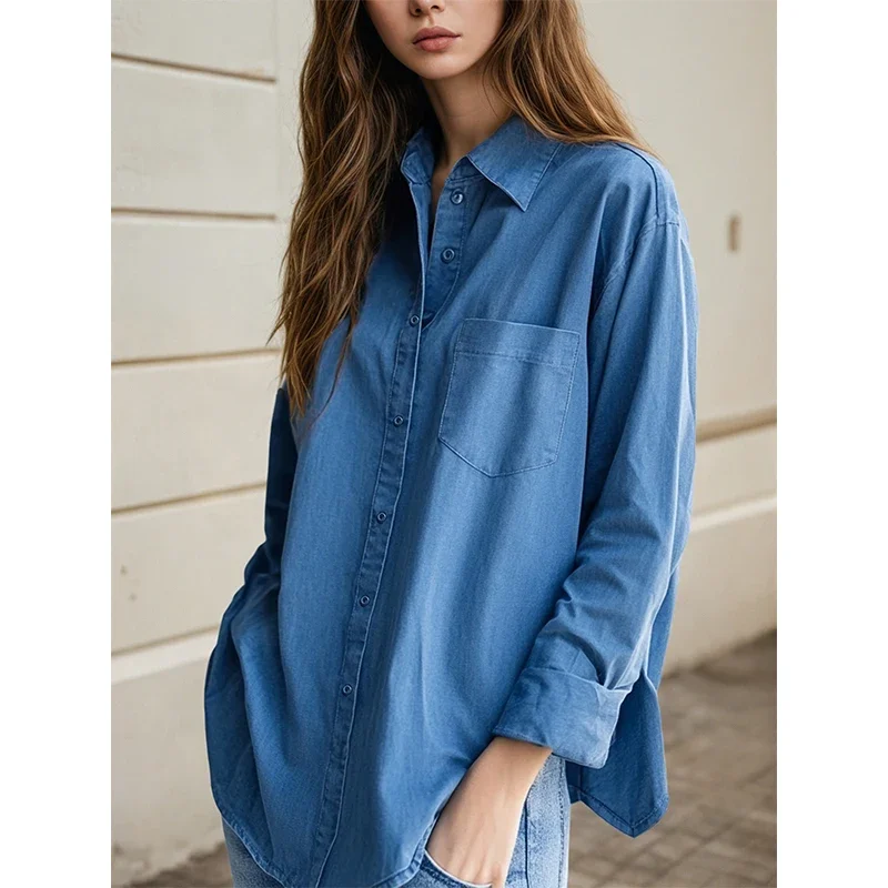 Niebieska koszula retro Dżinsowa koszula dla kobiet Wiosna 2025 Nowy projekt Koszule z długim rękawem Solidna kurtka jeansowa z jednym kołnierzem dla kobiet