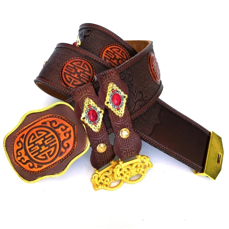 Mongolian Belt Men's New Ethnic Style Performance Dance Accessories Inlaid Jewelry Chinese Mongolian Belts Cowhide