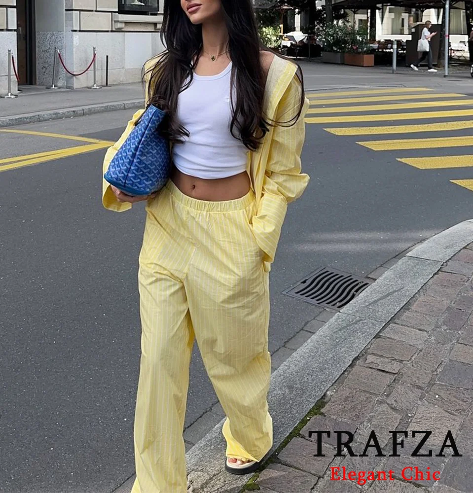 TRAFZA-Women Fashion Striped Pant Suit New 2024 Autumn Casual Classic Shirt Pant Set Energetic  Colorways Long Sleeve Shirt Set