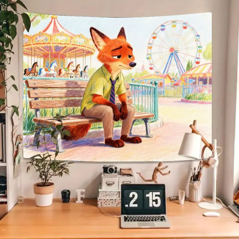 디즈니 주토피아 닉 와일드 폭스 만화 감성 태피스트리 모던 폴리에스터 벽 장식 거실 침실 기숙사 장식 선물 1개