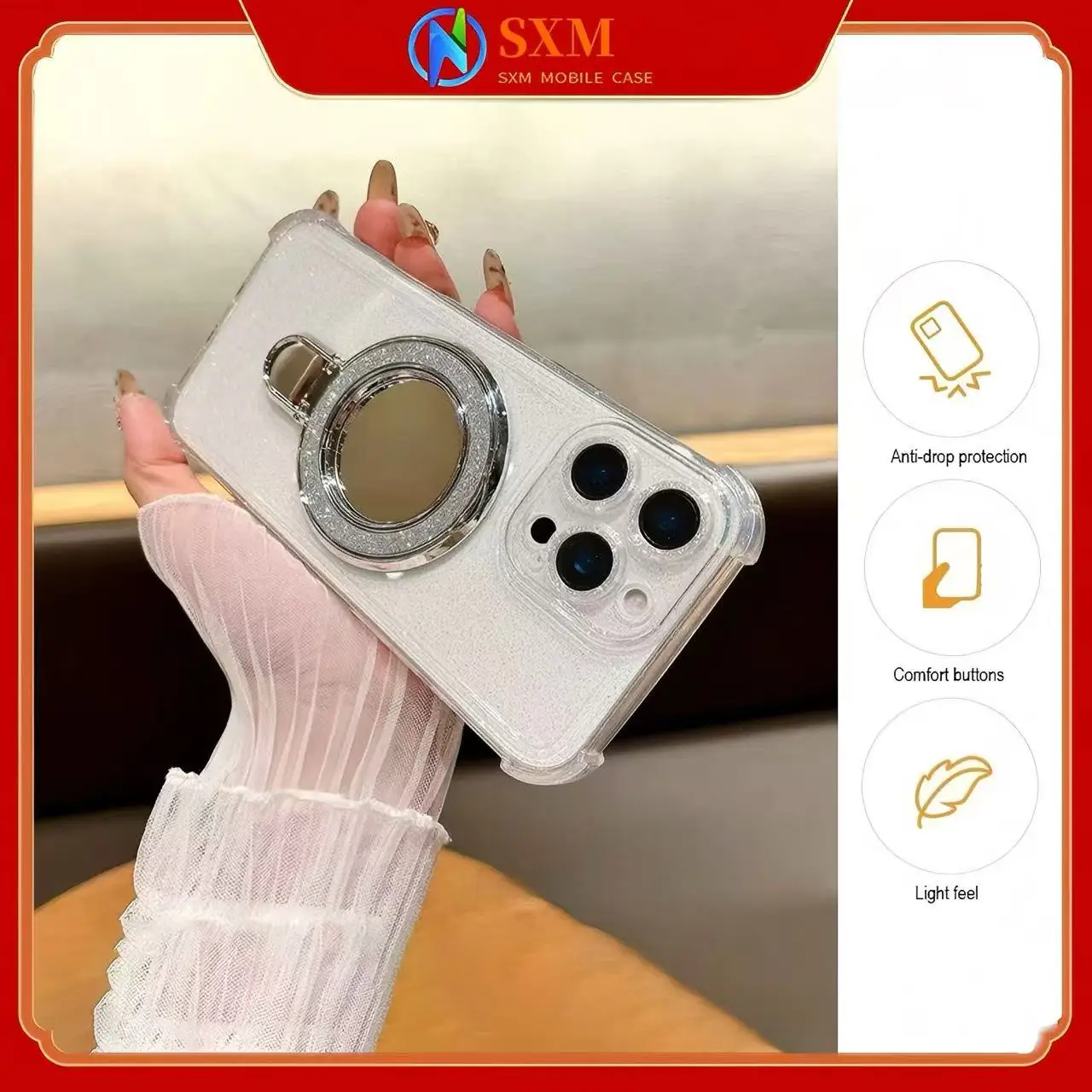 

Applicable to Apple phone glitter four corners anti-fall support mirror shell.