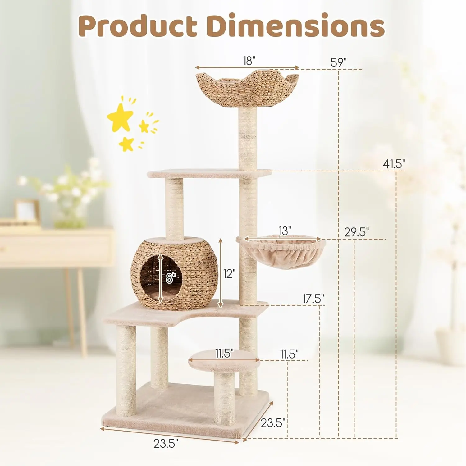 Tour d'arbre à chat en queue de chat, tour à plusieurs niveaux avec poteaux à gratter en sisal naturel, perchoir supérieur en condo pour chat, plates-formes de saut, 59 po