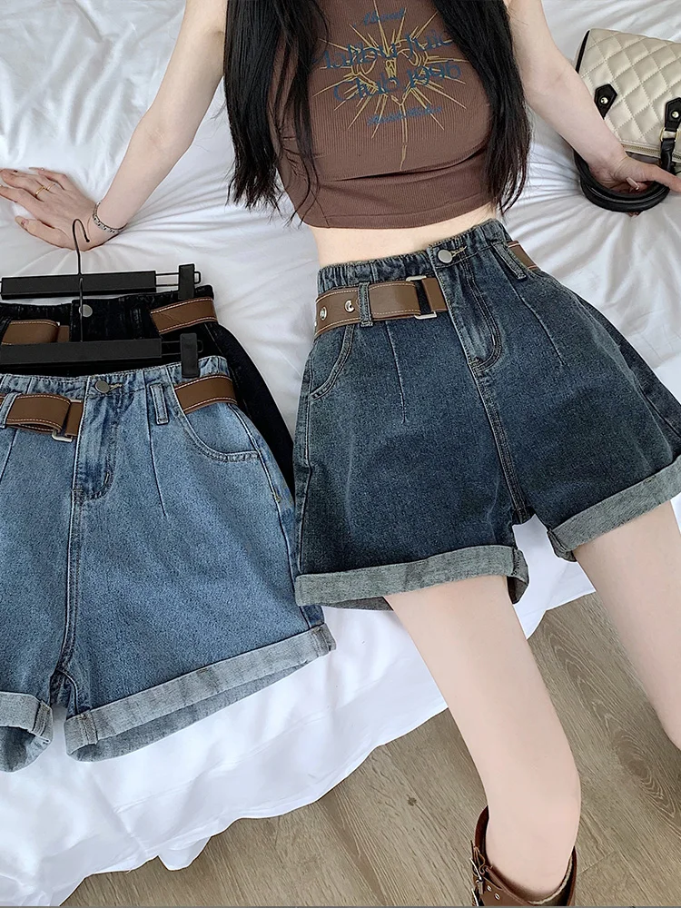 

American Style Spicy Girl Denim Shorts Women Summer Thin High Waist Slimming Large Size Retro A-Line Cuffed Wide Leg Pants