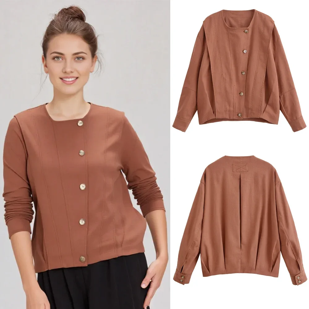 

Осенняя свободная куртка из хлопчатобумажной линии, женская куртка с круглым вырезом и пуговицами, осенняя модная минималистичная смешанная летная куртка-бомбер, топы