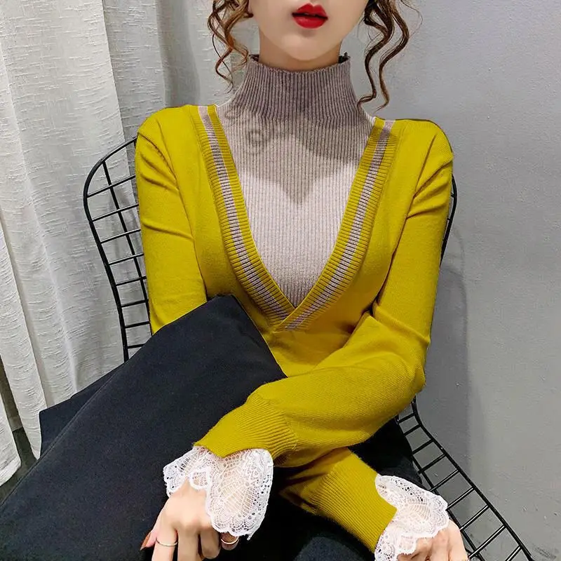 Autumn Winter New Lace Patchwork Bottoming Shirt Fake Two Piece Slim Contrast Knitting Pullovers Vintage Fashion Women Clothing
