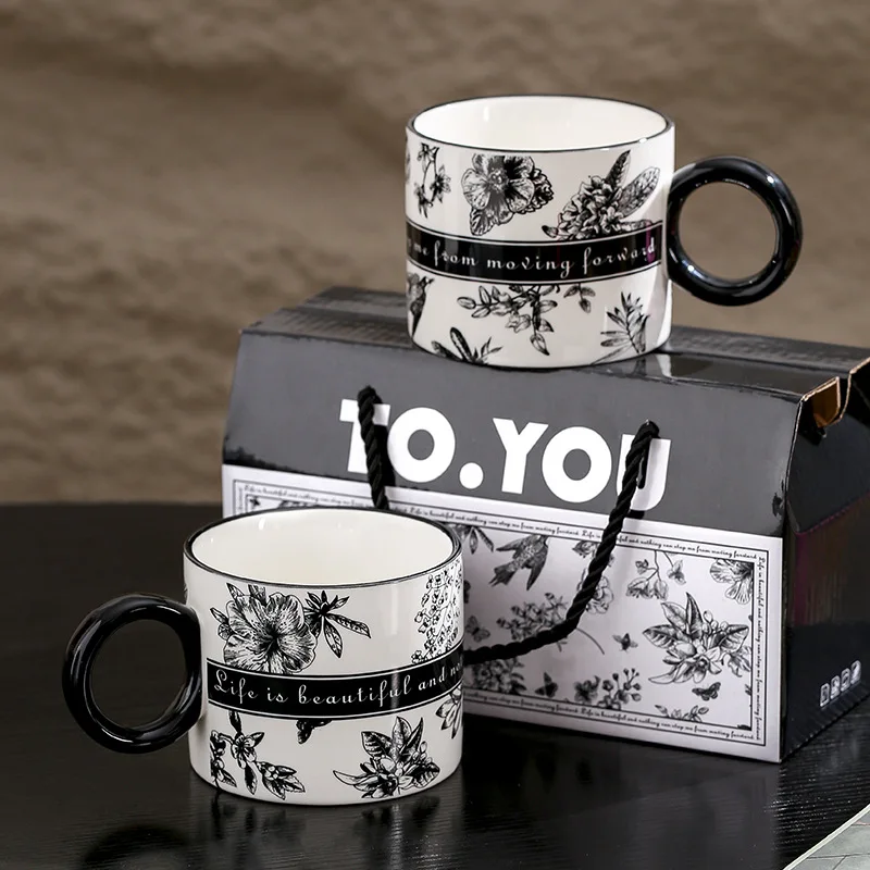 Xinzhongyou Mug Ceramic Mug Vintage Floral Print Coffee Mug Large Round Handle Ceramic Cup For Breakfast Tea Water Couple Gift H