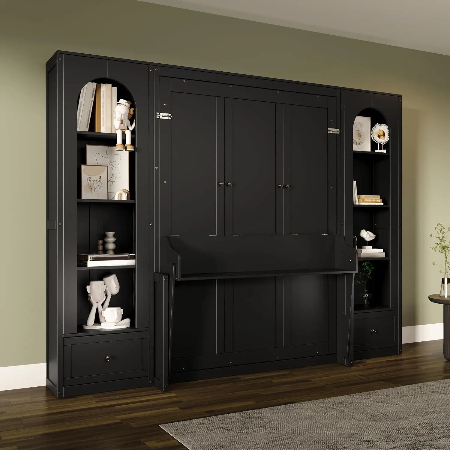 Murphy Bed Queen Size Platform Bed with Side Cabinets,Black - view 4