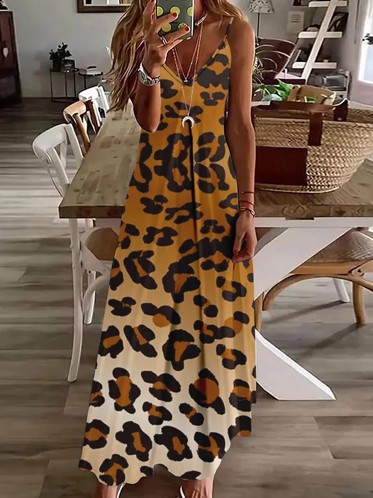 

2025 Gradual Color Leopard Print Women's Dress Urban Street Fashion Sleeveless Dress Summer Daily Casual Women's Strap Dress