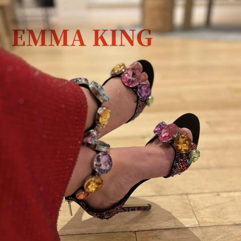 جولة تو كعب ستيليتو حجر الراين الصنادل أزياء المرأة رقيقة عالية الكعب حذاء من الكريستال تصميم فاخر النساء أحذية الحفلات المسائية #6