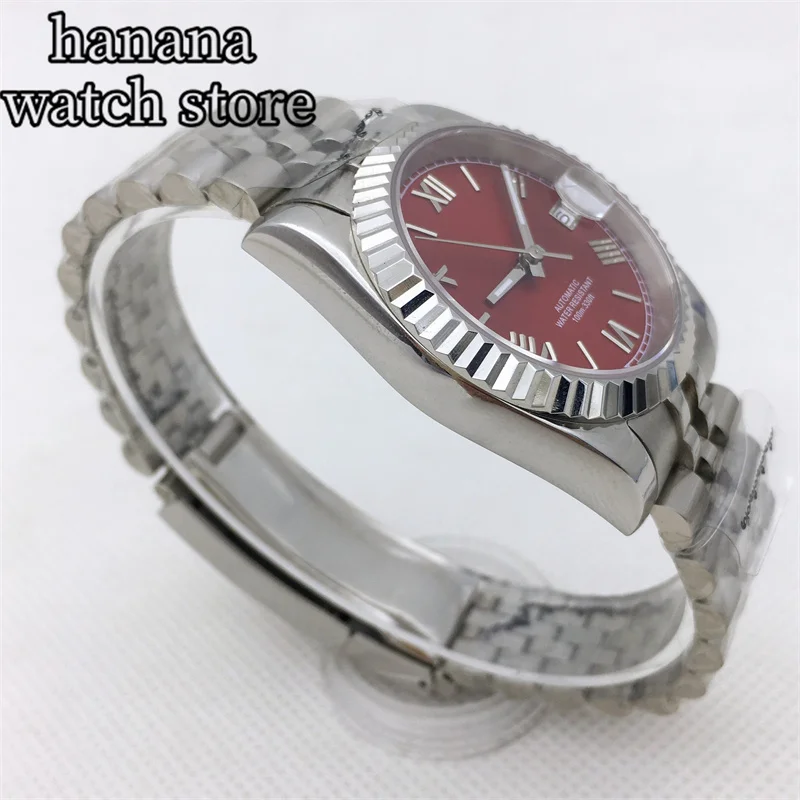 Мужские часы 36 мм/39 мм, красный циферблат, римский цифровой механизм NH35A, автоматические заводные механические часы, сапфировое стекло, окошко даты