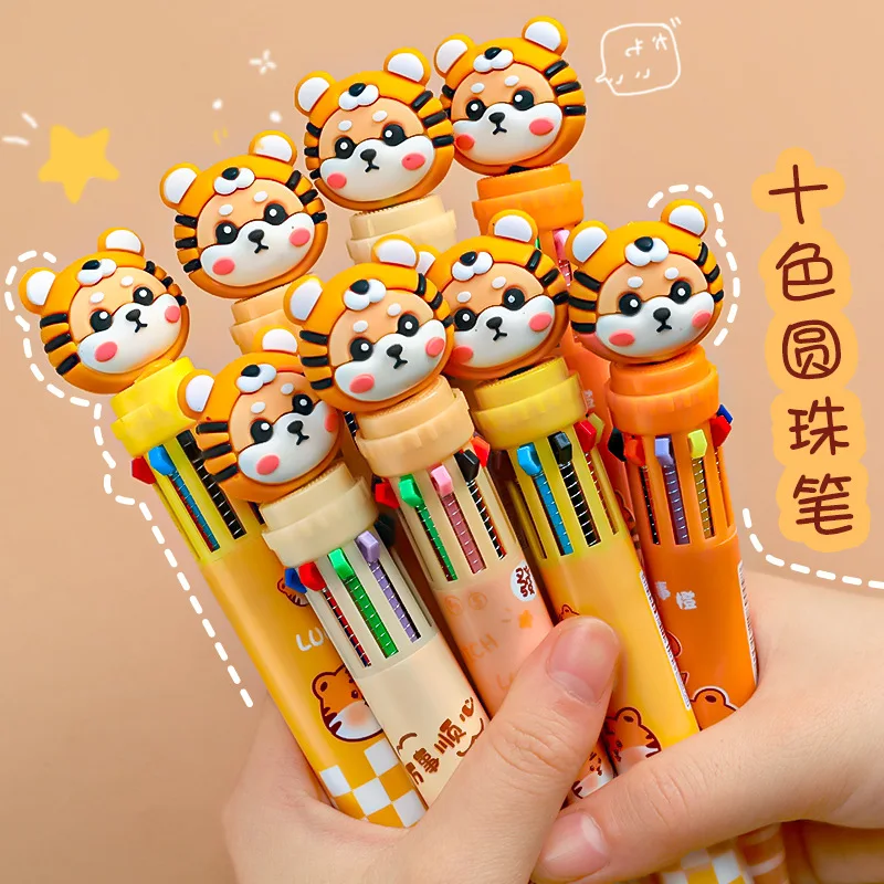 30PCS  Little tiger 10 color ball point pen student press multi-color one signature pen cute push color ten color pen