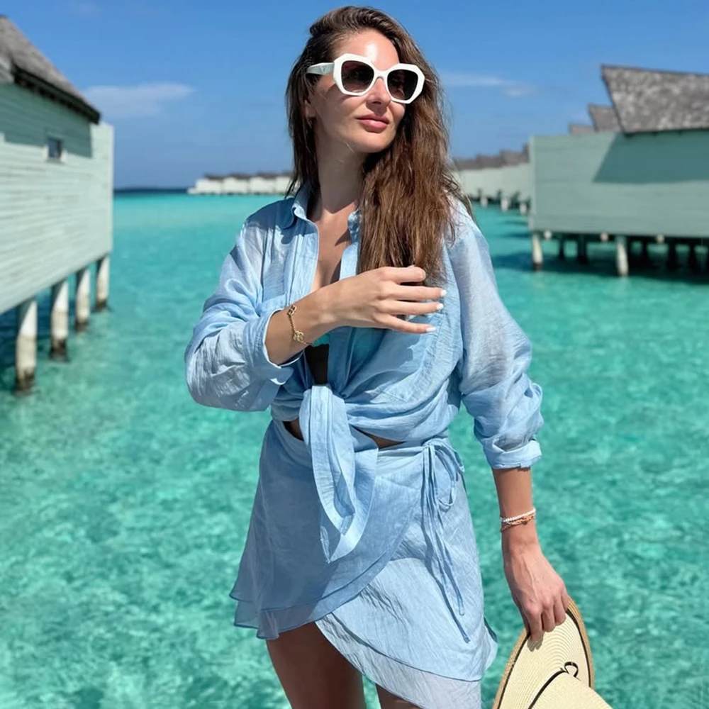 

Tuularose Summer New Beach Shirt Short Skirt Suit Fashionable Vacation Sunscreen Shirt Suit Casual Solid Color Short Skirt Suit