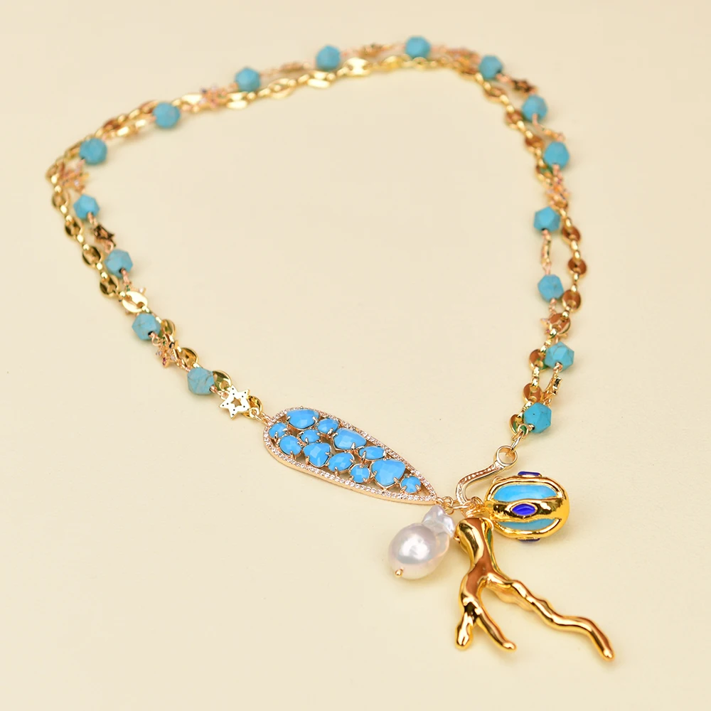 

G-G 2 Rows Blue Turquoise CZ Stars Chain Necklace Baroque Pearl Golden Coral Branch Pendant Bracelet Sets For Women