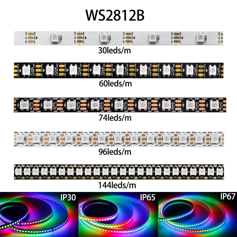 DC5V WS2812B WS2812 Led Strip 30/60/74/96/144leds/m Black White PCB RGB Individually Addressable Pixel Led Light IP30 IP65 IP67