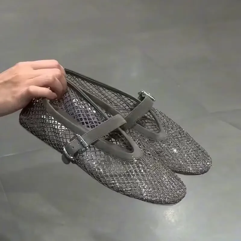 2026 Neues Modell~ Netzstoff Strass Ballerinas Mary Jane Damenschuhe mit Ausgehöhltem Riemen – Detail 1