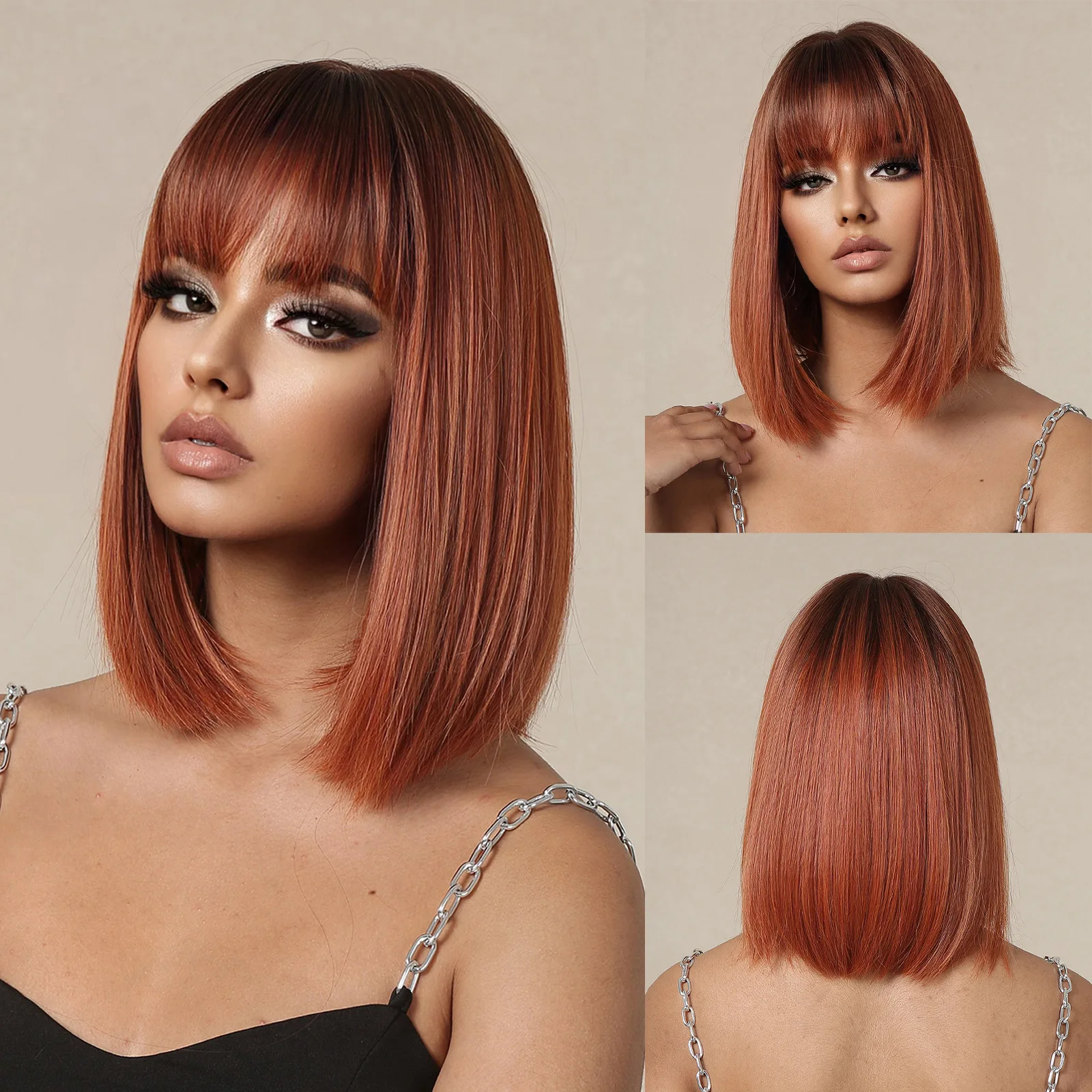 Straight Bangs Short Bob Clavicle Full Head Wig, Stylish Personalized Wig for Influencer Cosplay
