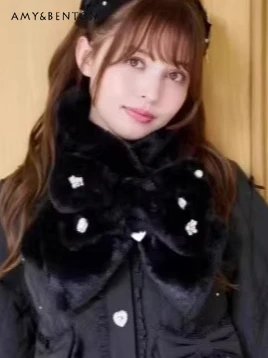

Japanese Liz Original Autumn Winter Mass-Produced Lolita Rhinestone Plush Bowknot Warm Scarf Sweet Girl Thickened Neck Warmer