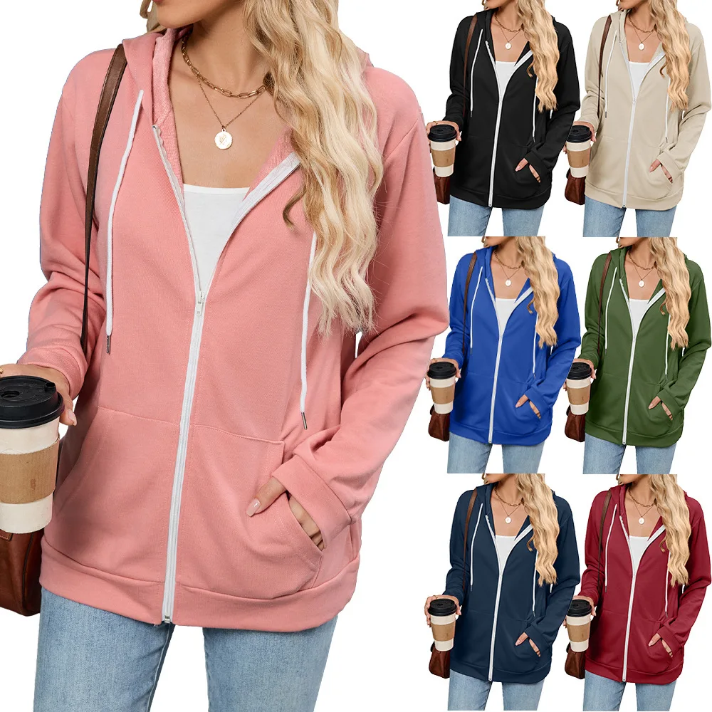Women Casual Hoodie Fashion Solid Color Drawstring Sweatshirt Simple Classic Zipper Long Sleeve Autumn Jacket Student Sport Coat