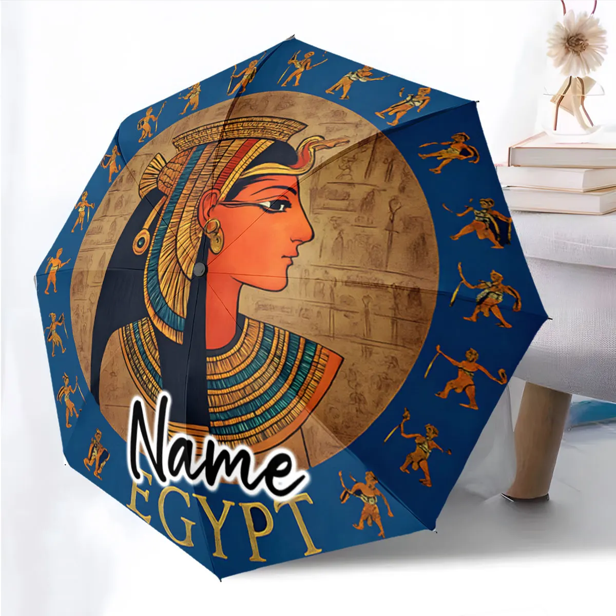 Custom Name Umbrella Ancient Egyptian Design on a Blue Umbrella Print 8 Iron Ribs Folding Umbrella Auto-Open Fashion Sunshade