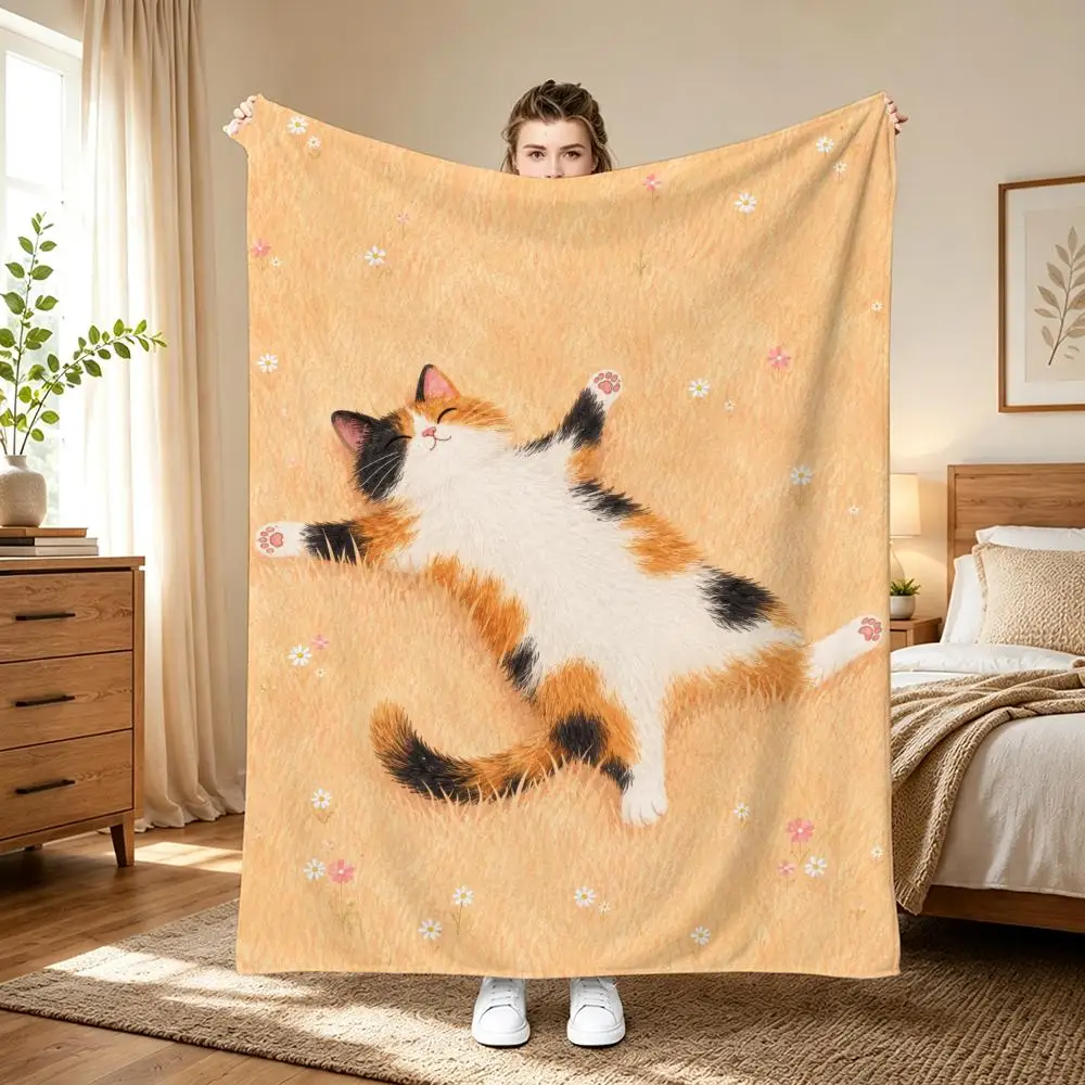 Cute Kitty Throw 240g flannel blanket, suitable for sofas, beds, offices, exquisite gift blankets