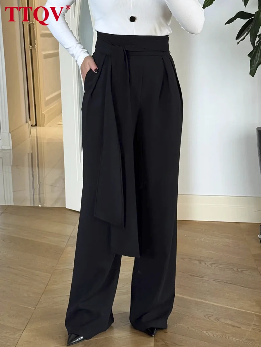 

TTQV Fashion Loose Gray Women's Pants 2026 Casual High Waist Wide Trousers Lady Elegant Classic Lace-Up Pants Female Clothing