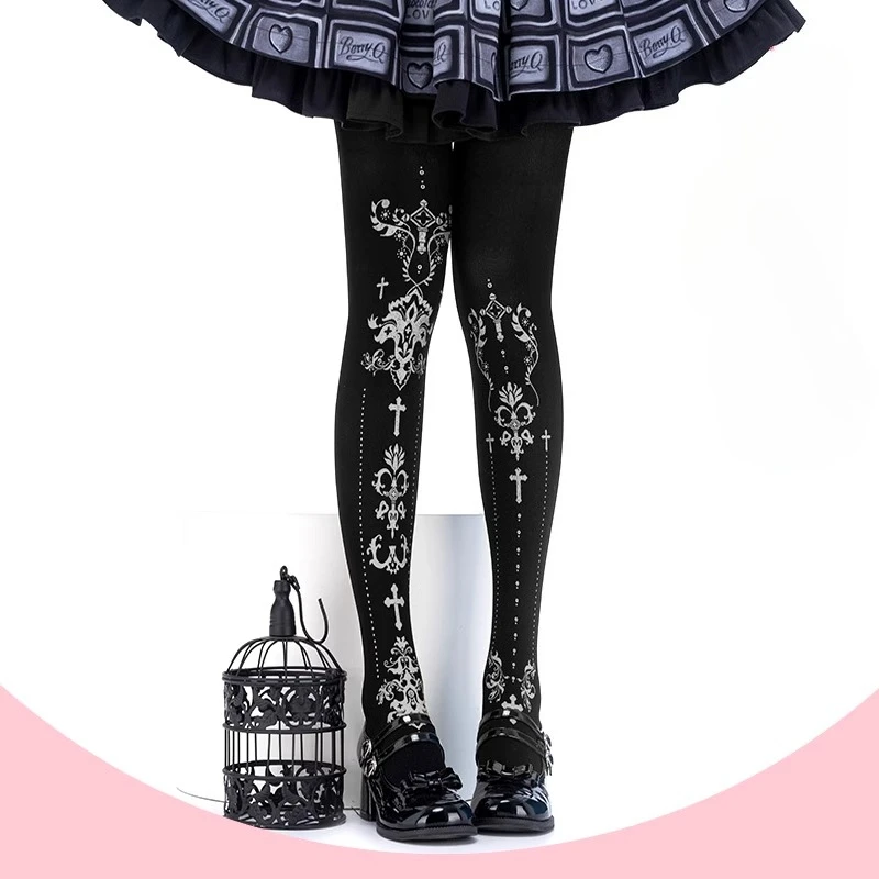 Gothic Socks Cross Lolita Stockings Pantyhose Sweet Tights Bronzing Print Velvet Bodystocking Halloween Party Sock For Women