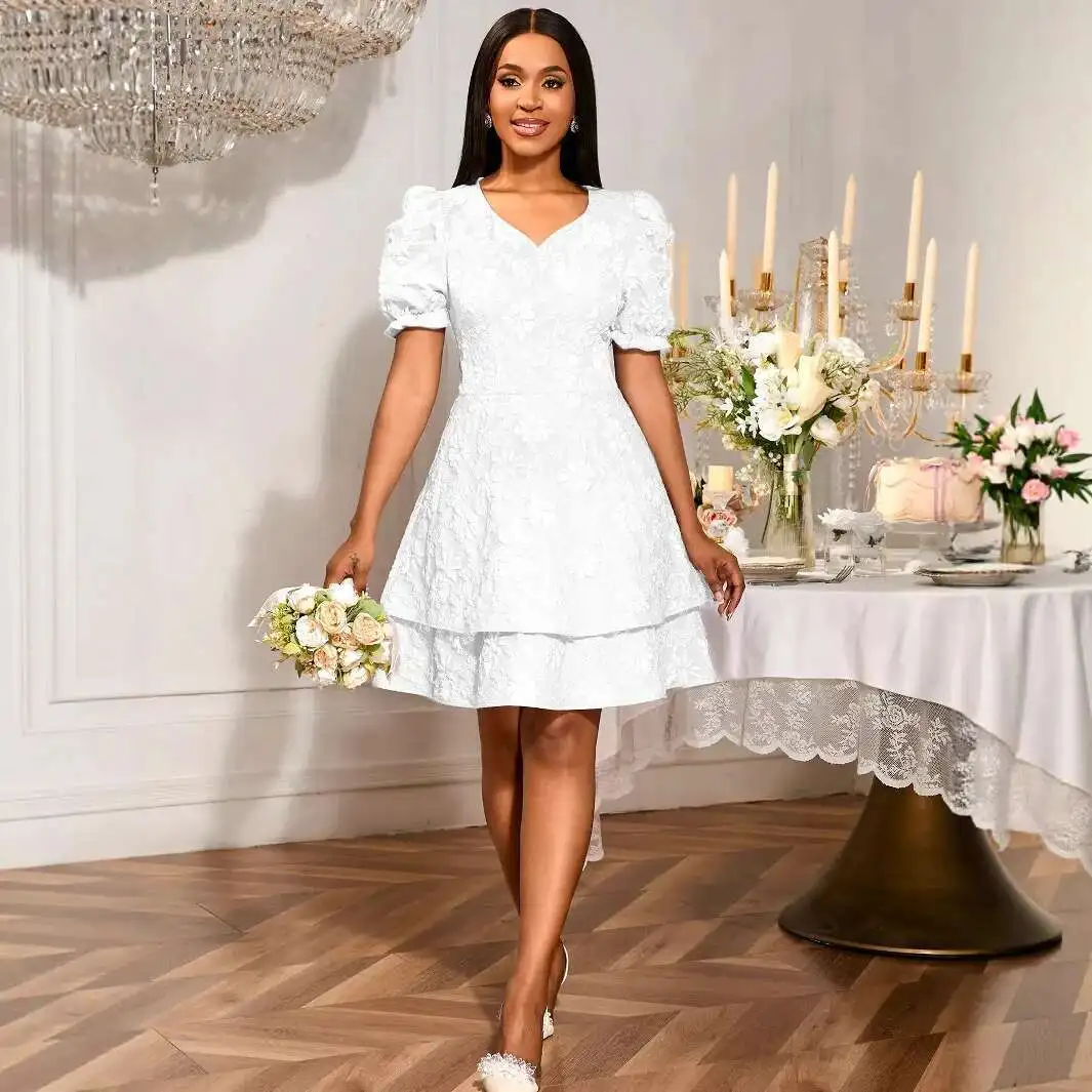 Nowa Elegancka Sukienka z Dekoltem w Serek, Podkreślająca Talia, na Wesele, z Bufiastymi Rękawami, Pełna Gracji Sukienka Druhny, Letnia Sukienka 2025, Szata, Vestido Damskie