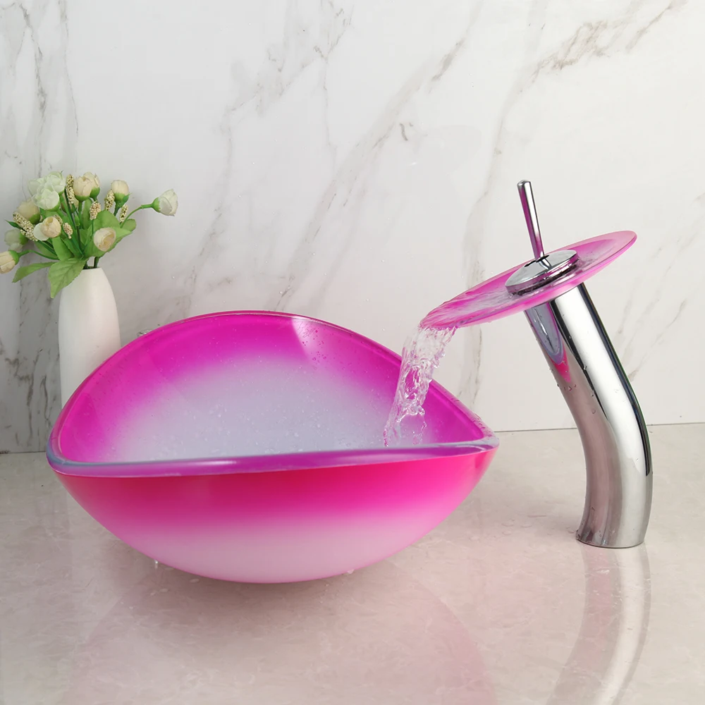 Monite الوردي بالوعة الحمام الفني مغسلة صنبور كومبو الزجاج المقسى سفينة عدة اليد الطلاء كونترتوب السلطانية حوض صنبور مجموعة #4