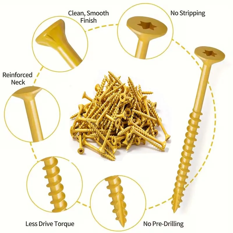#8 Yellow Wood Screws T25 Star Drive Self-Tapping with T25 Bit for Furniture Cabinet Wood Board