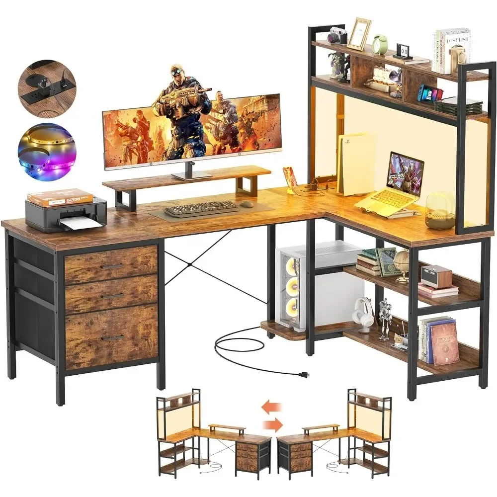 L Shaped Gaming Desk with Hutch, Gaming Desk with Led Lights with Power Outlet with File Drawer & Monitor Stand desks