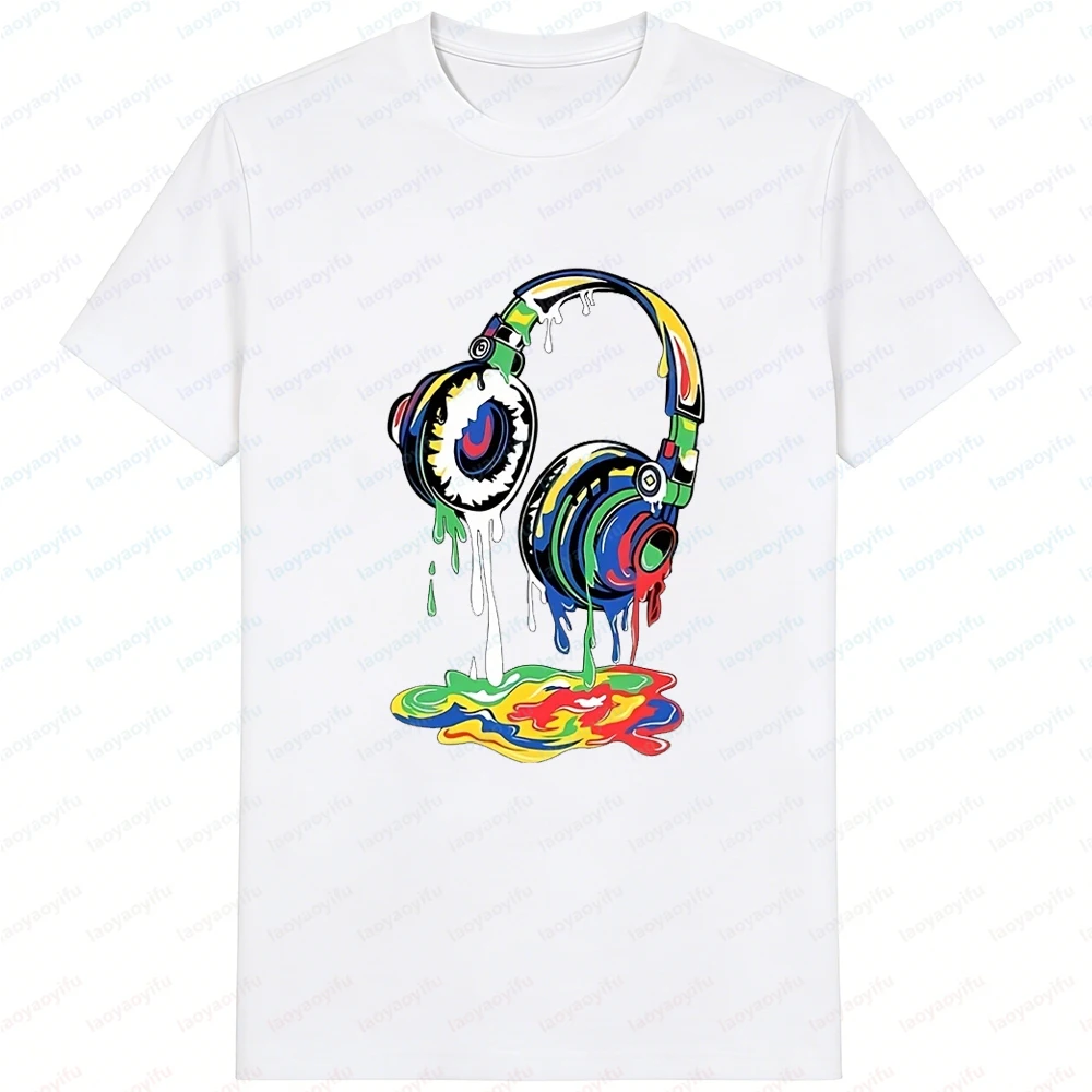 Camiseta Unissex com Estampa de Tinta Colorida de Fone de Ouvido, Camiseta Gráfica Harajuku, Roupa Streetwear Anime, Ideal para Presente