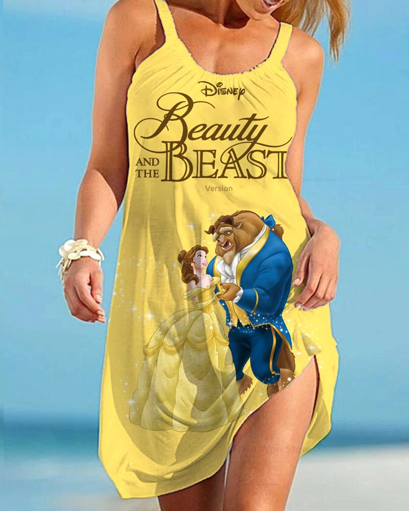 Summer Hot Sale Sling Beachwear Sleeveless Sundress Disney Beauty and the Beast Print Casual Loose Sling Dress Women Sexy Dress